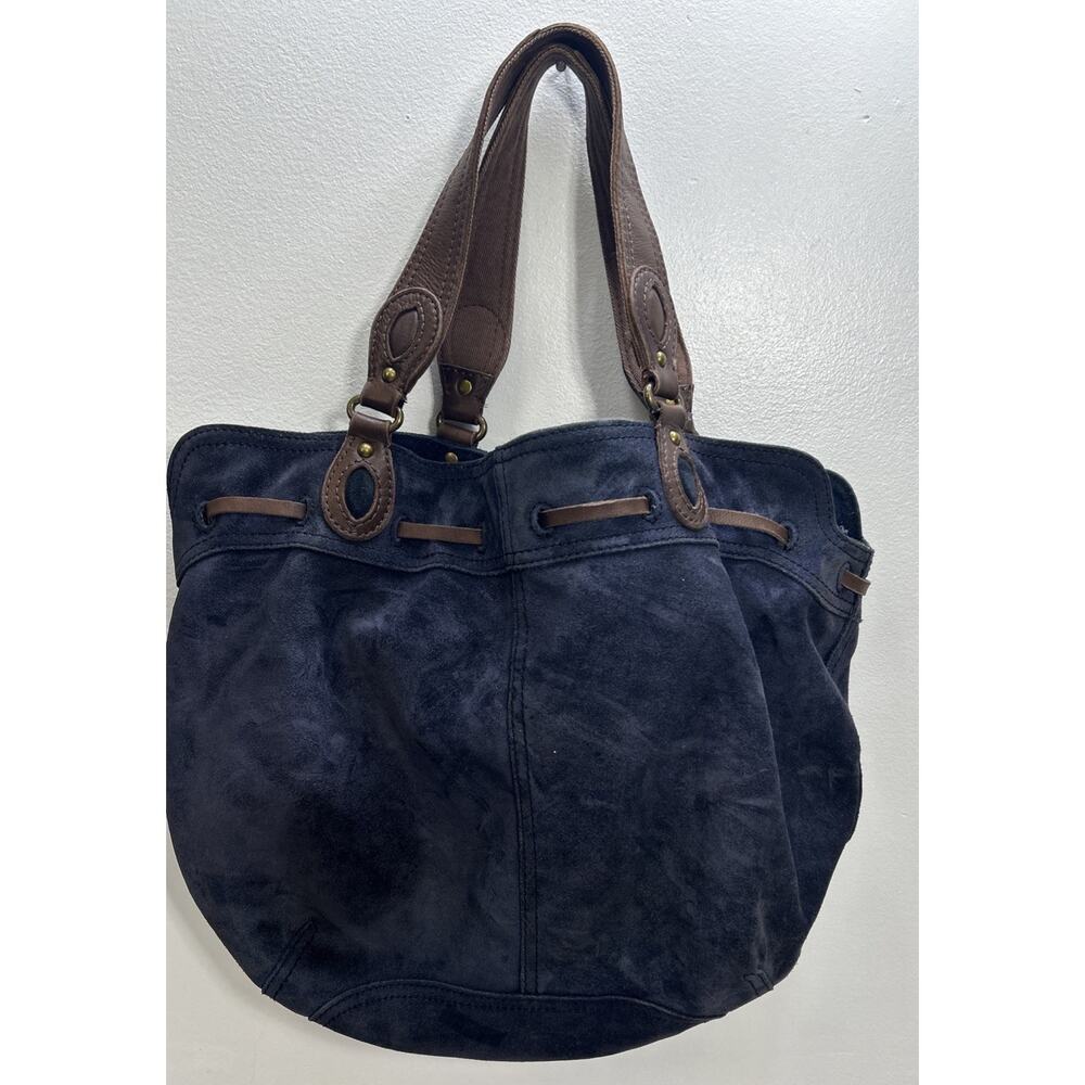 Lucky Brand Navy Blue Suede Hobo Tote Bag Drawstring Leather Double Handles Boho - Picture 2 of 10